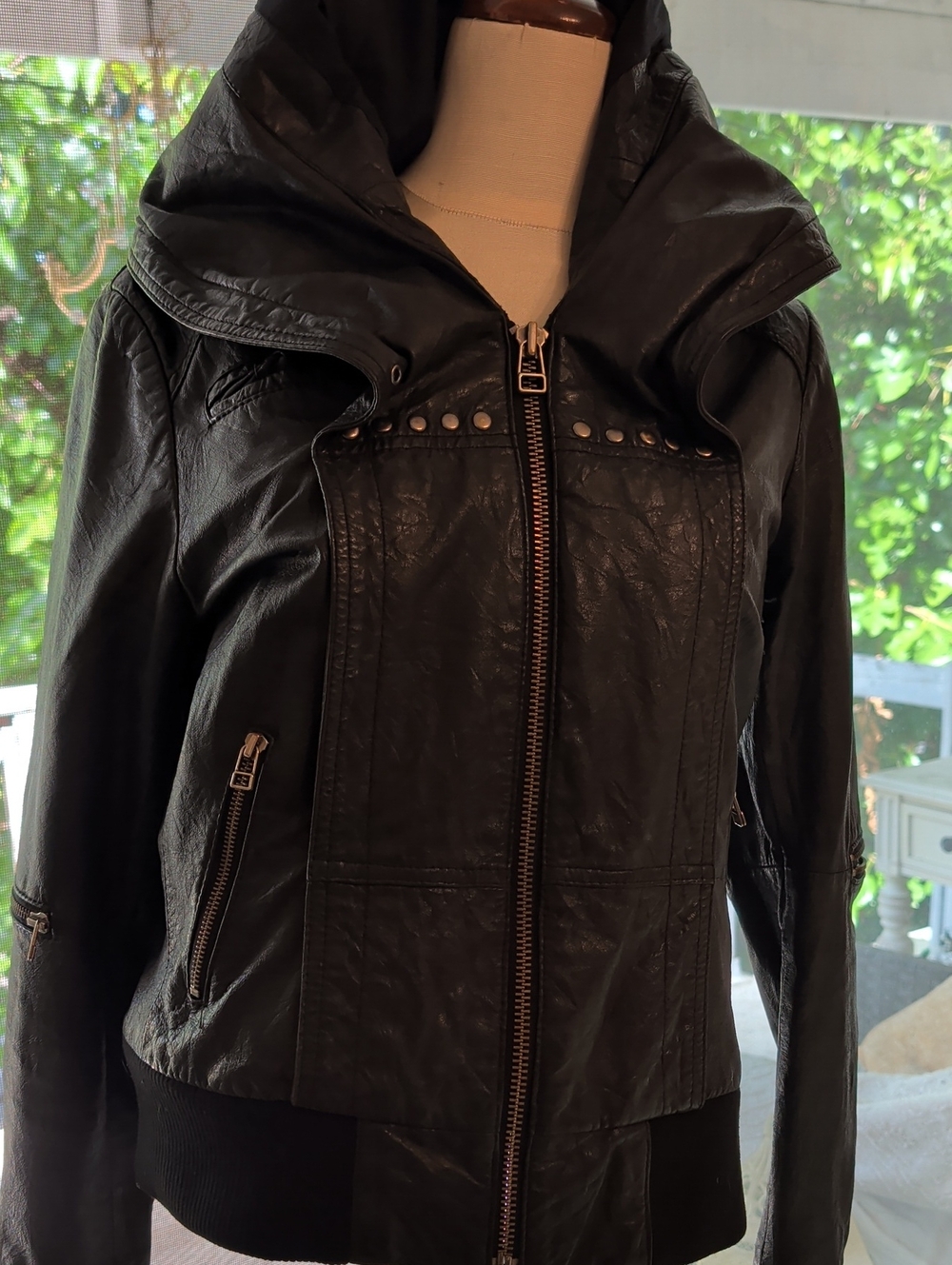 Danier Black Genuine Leather Stud-Trim Zip Jacket